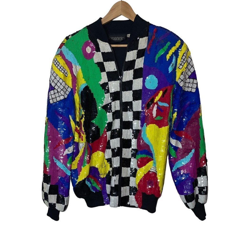 Gantos Vintage 1980s Womens Bomber Jacket Size Small Sequins Abstract Art